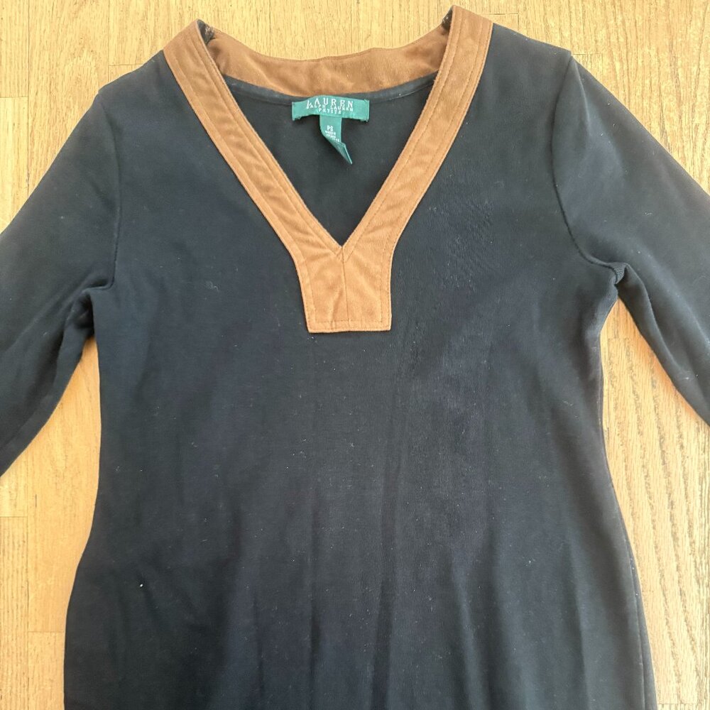 LAUREN RALPH LAUREN PETITE BLACK DRESS WITH BROWN FAUX SUEDE DEATIL PS